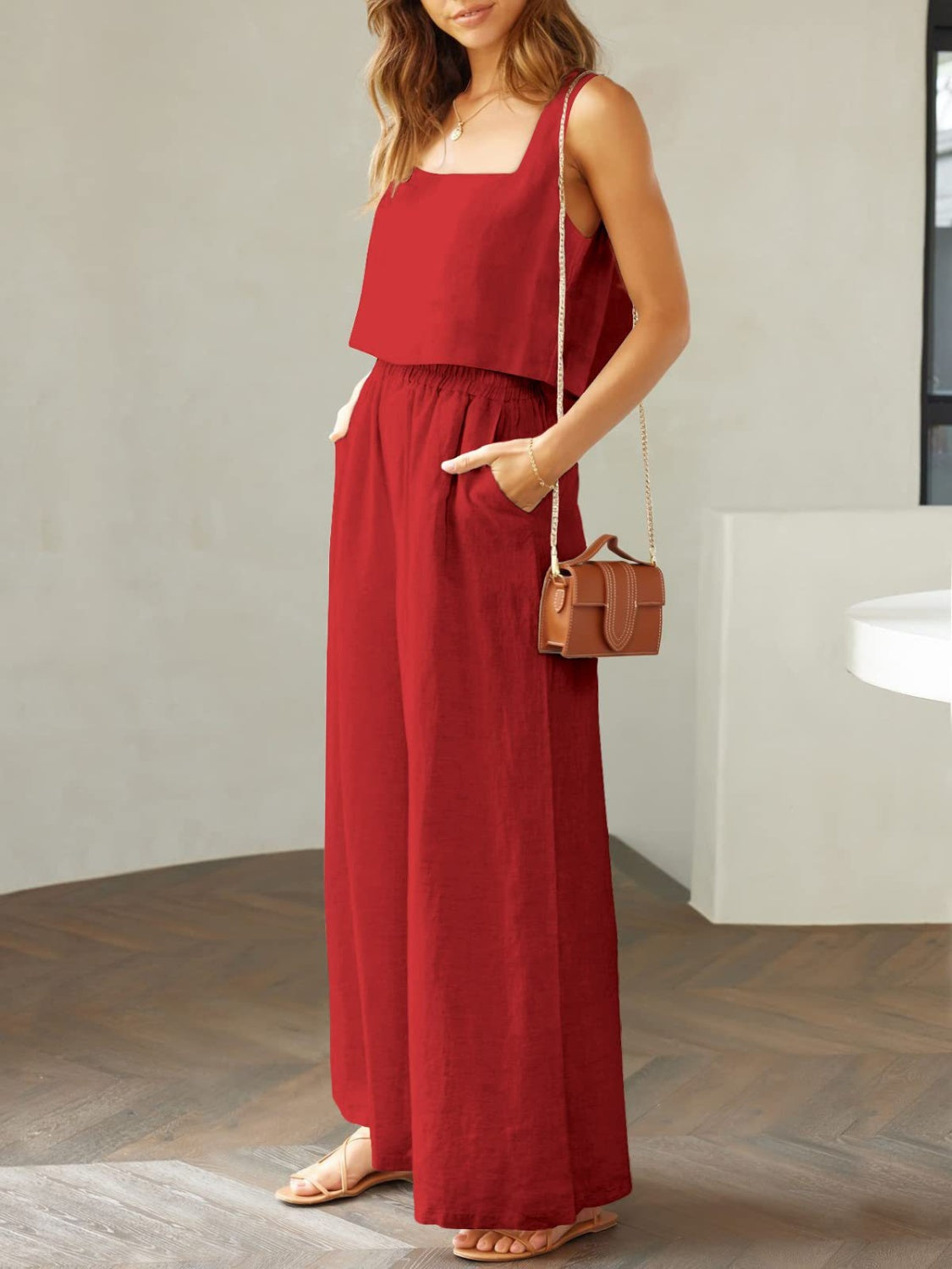 Women's square neck top and wide leg pants set