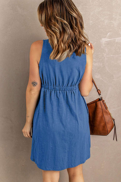 Women's Sleeveless Button-Up Mini Dress - V-Neck - Elastic Waist - Casual Fit
