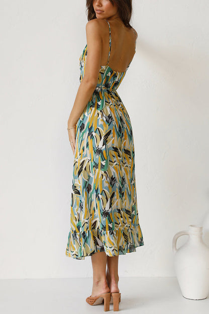 Women's Maxi Dress - Abstract Print - Plunging V-Neck - Spaghetti Straps - Flowing Fit