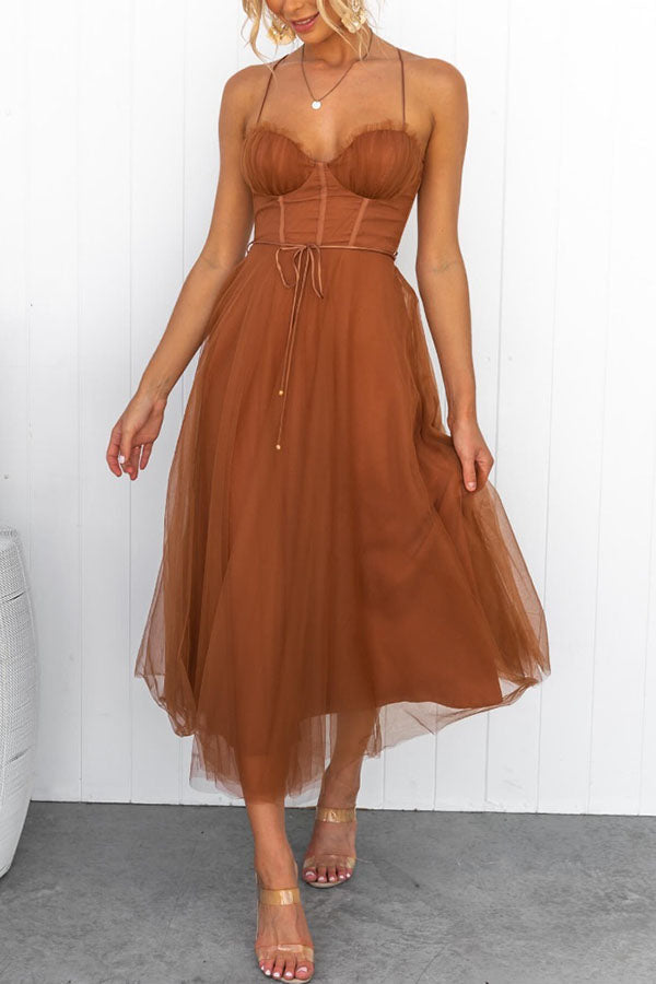Women's Tulle Maxi Dress - Spaghetti Straps - Fitted Bodice - Layered Flowing Skirt