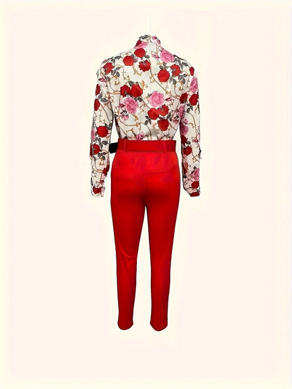 Floral printed long-sleeve shirt and high-waist pants set for women