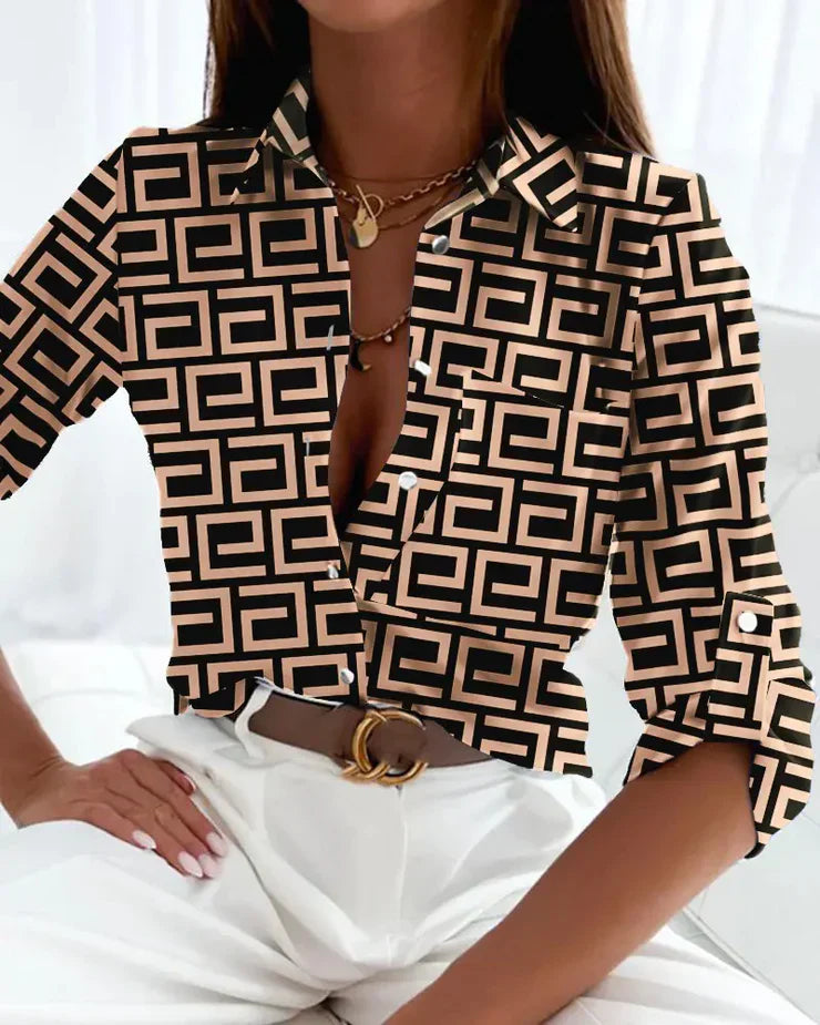 Women's Button-Up Blouse - Geometric Pattern - Lightweight & Breathable - Roll-Up Sleeves