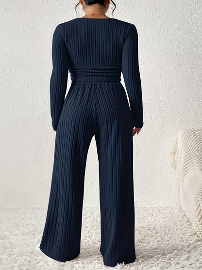 Two-piece ribbed crop top and wide-leg pants lounge set for women