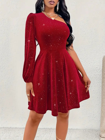 Women's One-Shoulder Dress - Embellished Shimmer - Long Sleeve Elegant Evening Wear