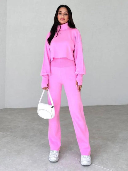 Women's high collar loose long-sleeved tops and pants set