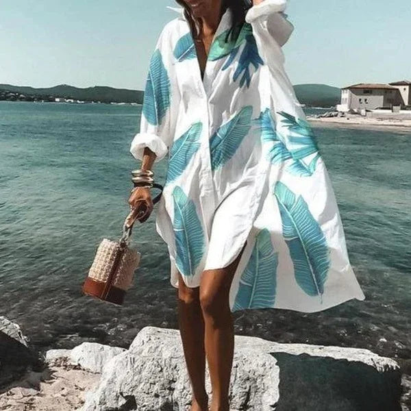 Women’s Shirt Dress - Loose Fit - Long Sleeve Button Down - Casual Beachwear