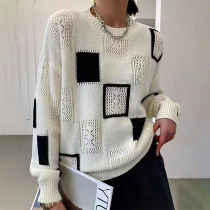 Women's color block plaid retro mohair crew neck sweater top