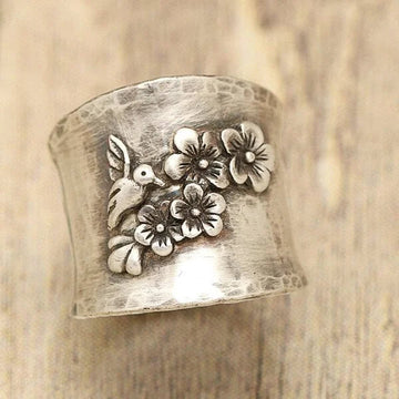 Bird and flower wide band ring