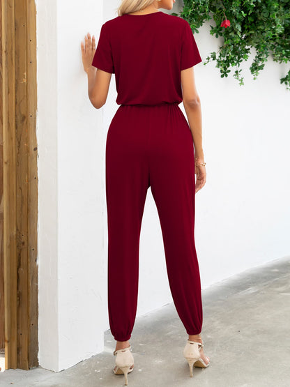 Women's v-neck short sleeve jumpsuit with pockets