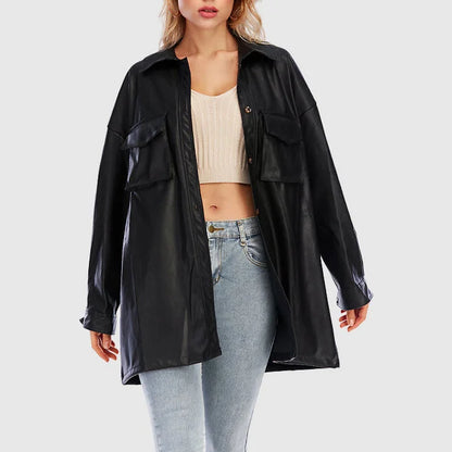 Women's stylish ding PU leather jacket with belt and button closure