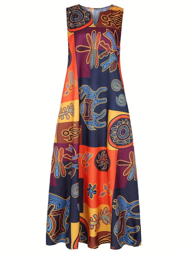 Vortex - Maxi Dress with V-neck and Ethnic Print