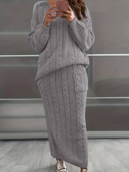 Women’s Knit Sweater and Skirt Set – Cable Pattern – Relaxed Fit – Long Sleeve – Ankle Length
