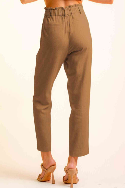 Women’s Cropped Pants – High Waist Paperbag Style – Button Detail – Tapered Fit Casual Wear