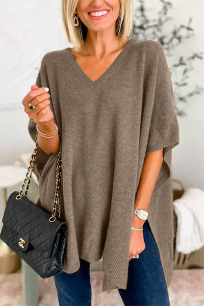 Women's Poncho Top - Loose Fit - Soft Knit - V-Neck Flowy Draped Style