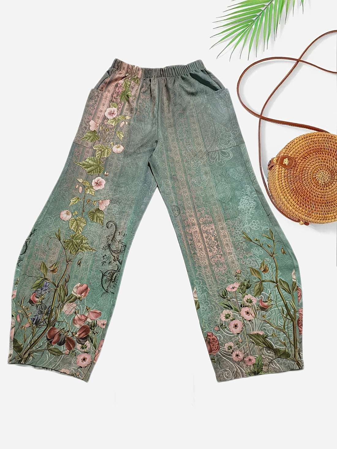 Green floral printed high-waist wide-leg casual pants for women