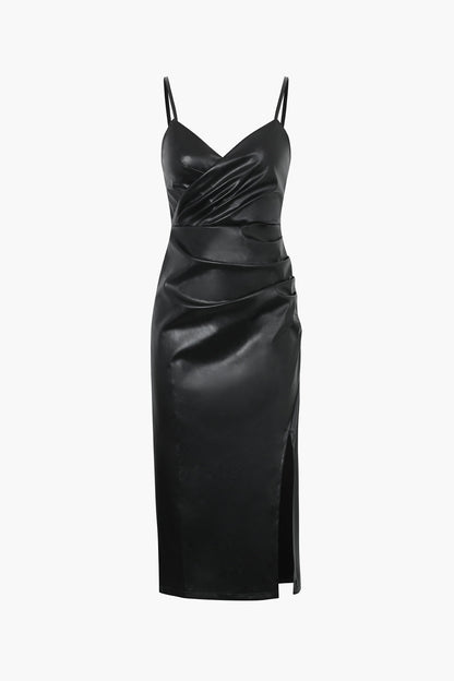Women's Faux Leather Midi Dress - V-Neck Wrap Bodice - Spaghetti Straps - High Slit