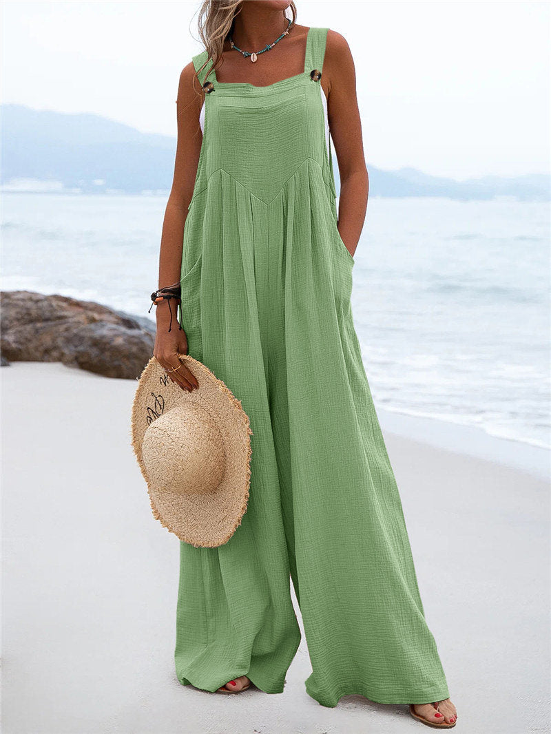 Women's Wide-Leg Jumpsuit - Breathable Fabric - Relaxed Fit - Button Straps & Pockets