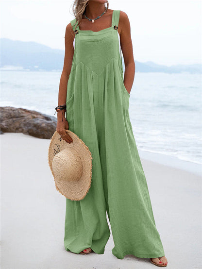 Women's Wide-Leg Jumpsuit - Breathable Fabric - Relaxed Fit - Button Straps & Pockets