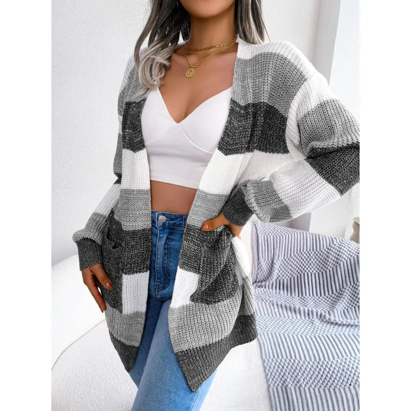 Women's contrast color striped lantern sleeve cardigan