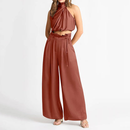 Women's Two-Piece Set - Halter Neck Crop Top & High-Waisted Wide-Leg Pants