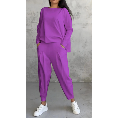 Women’s Lounge Set – Boat Neck Top – Long Sleeve Relaxed Fit – Tapered Pants with Pockets