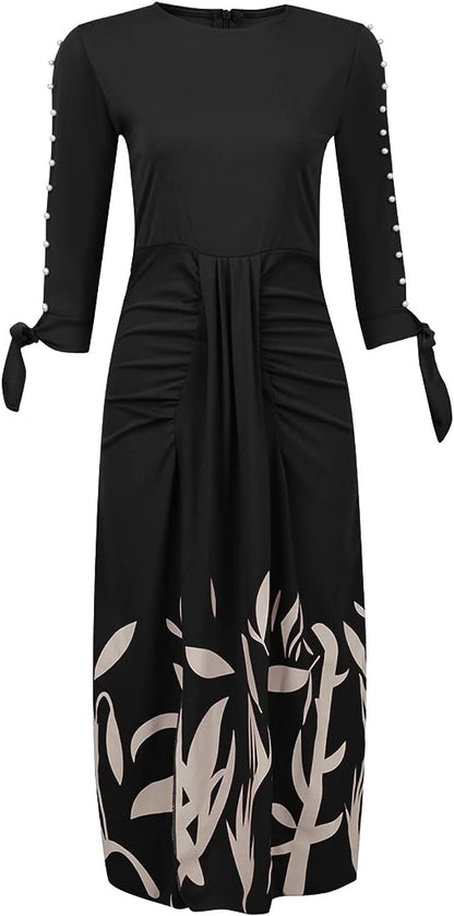 Women’s Midi Dress - Short Sleeve Cut-Out with Bead Detail - Cinched Waist - Floral Print