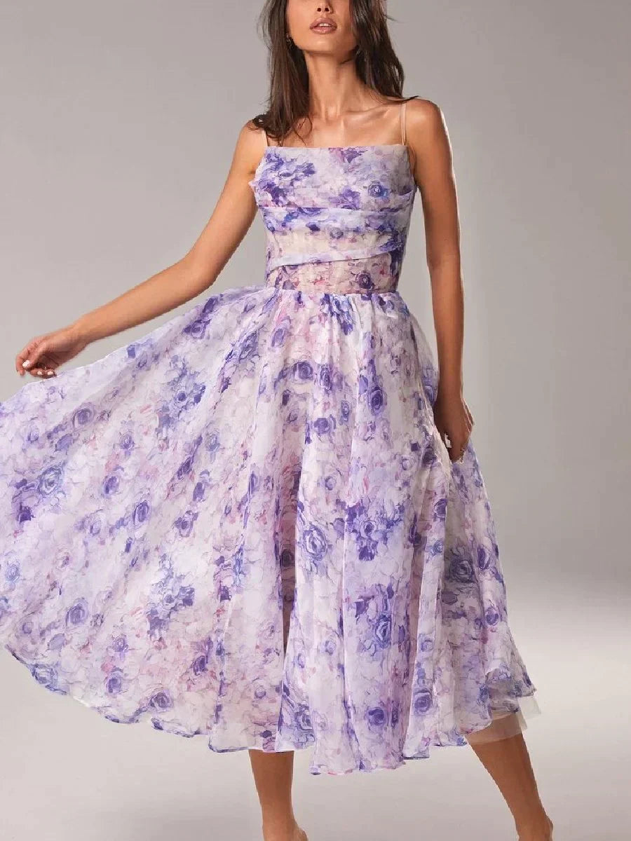 Women’s Midi Dress – A-Line Fit – Floral Chiffon – Spaghetti Straps – Cinched Waist