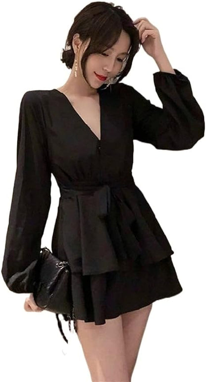 Women's V-Neck Dress - Long Sleeve - Cinched Waist - A-Line Layered Skirt