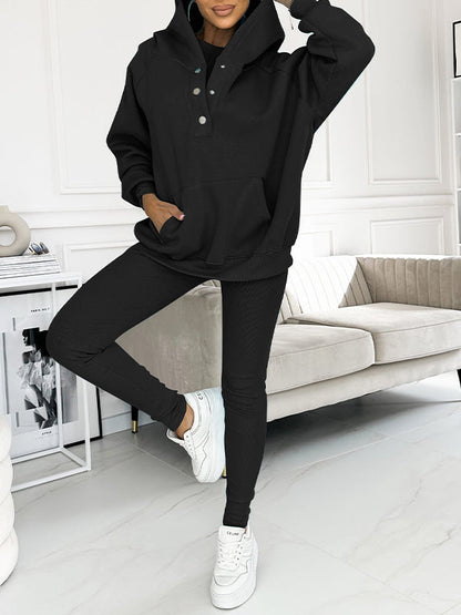 Women's athleisure hooded sweatshirt sleeveless top and leggings three-piece set