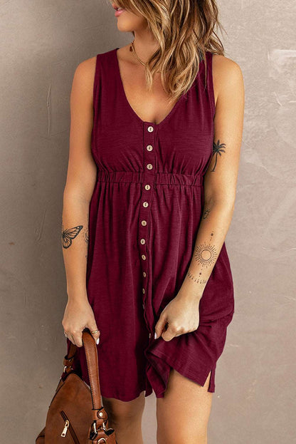 Women's Sleeveless Button-Up Mini Dress - V-Neck - Elastic Waist - Casual Fit