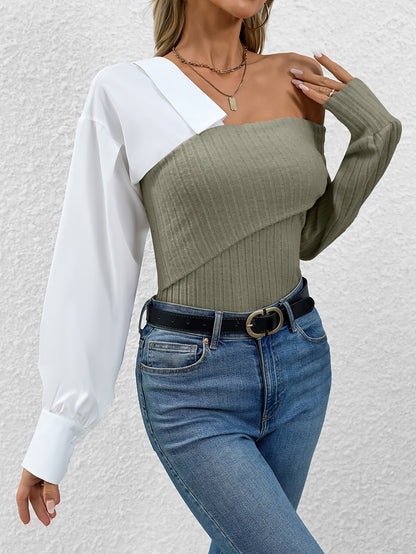 Women's Off-Shoulder Ribbed Knit Top – Asymmetrical Design – Long Sleeve Stylish Fit