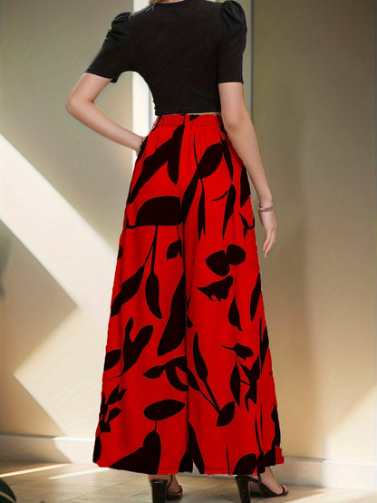 Elegant two-piece pantsuit set with floral wide-leg pants for women