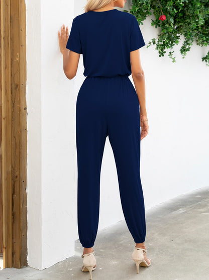 Women's v-neck short sleeve jumpsuit with pockets