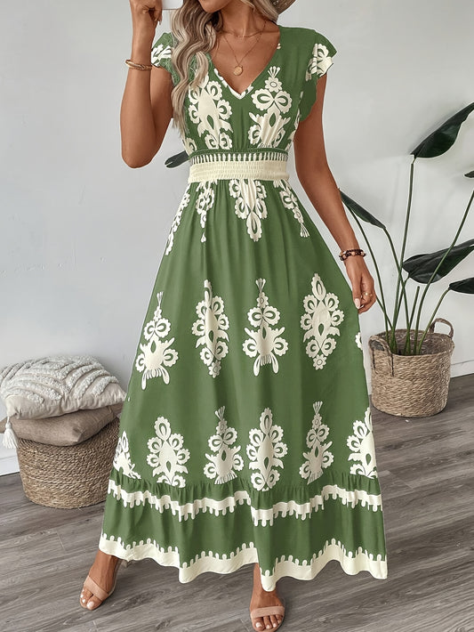 Flowy Smocked Waist V-Neck Maxi Dress