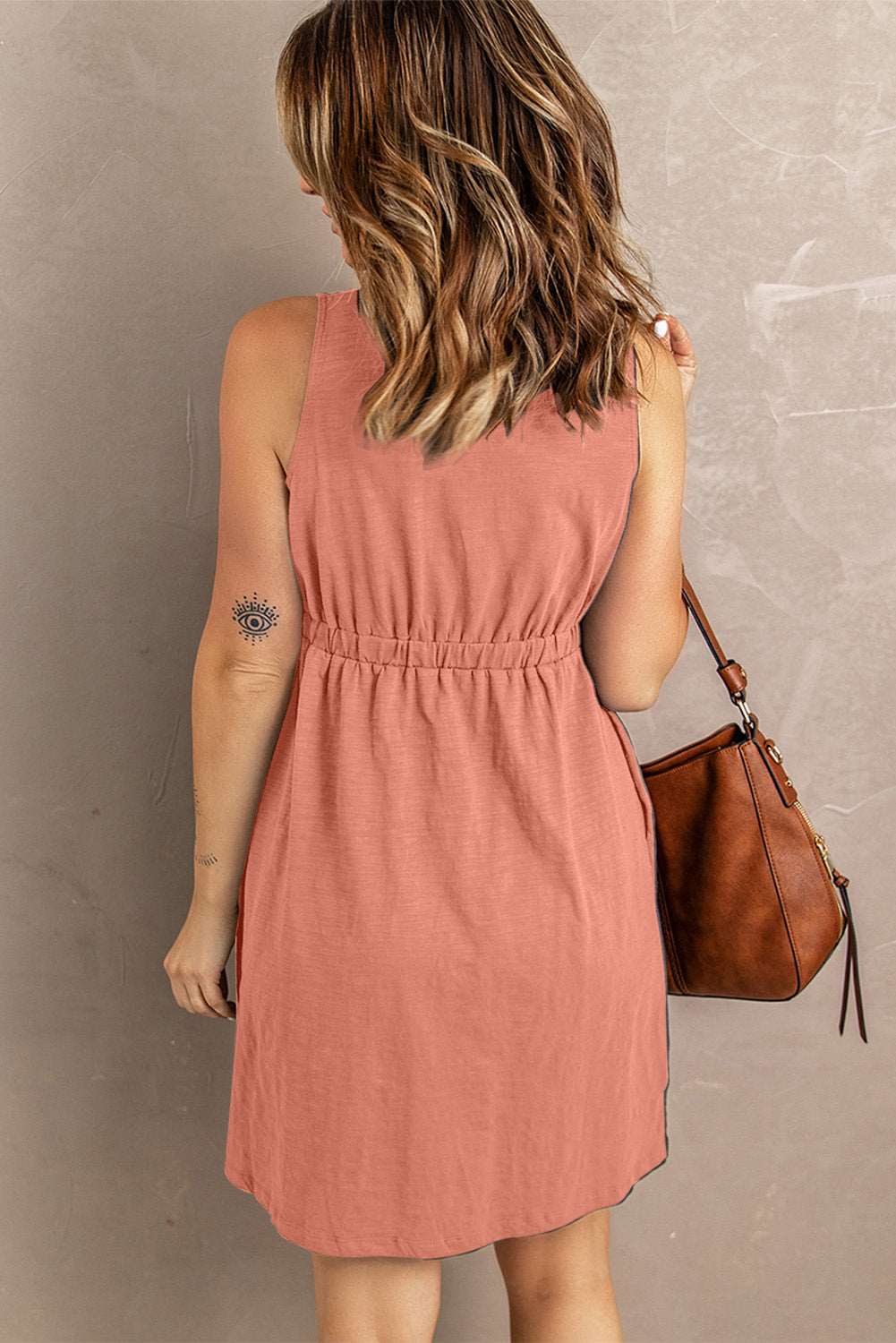 Women's Sleeveless Button-Up Mini Dress - V-Neck - Elastic Waist - Casual Fit