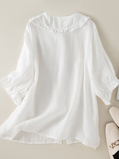 Women's Blouse - Comfortable Fiber Blend - Loose Fit - Button-Up - Ruffled Collar & Cuffs