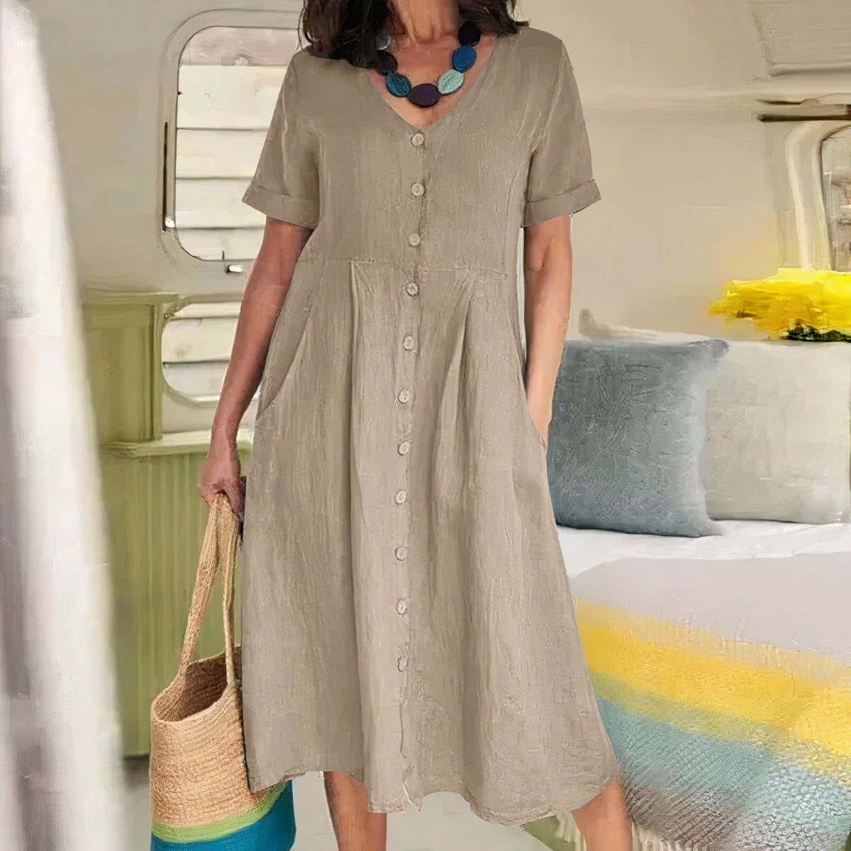 Women's Dress - Cotton Linen Blend - V-Neck Button Front - Short Sleeve Flared Fit