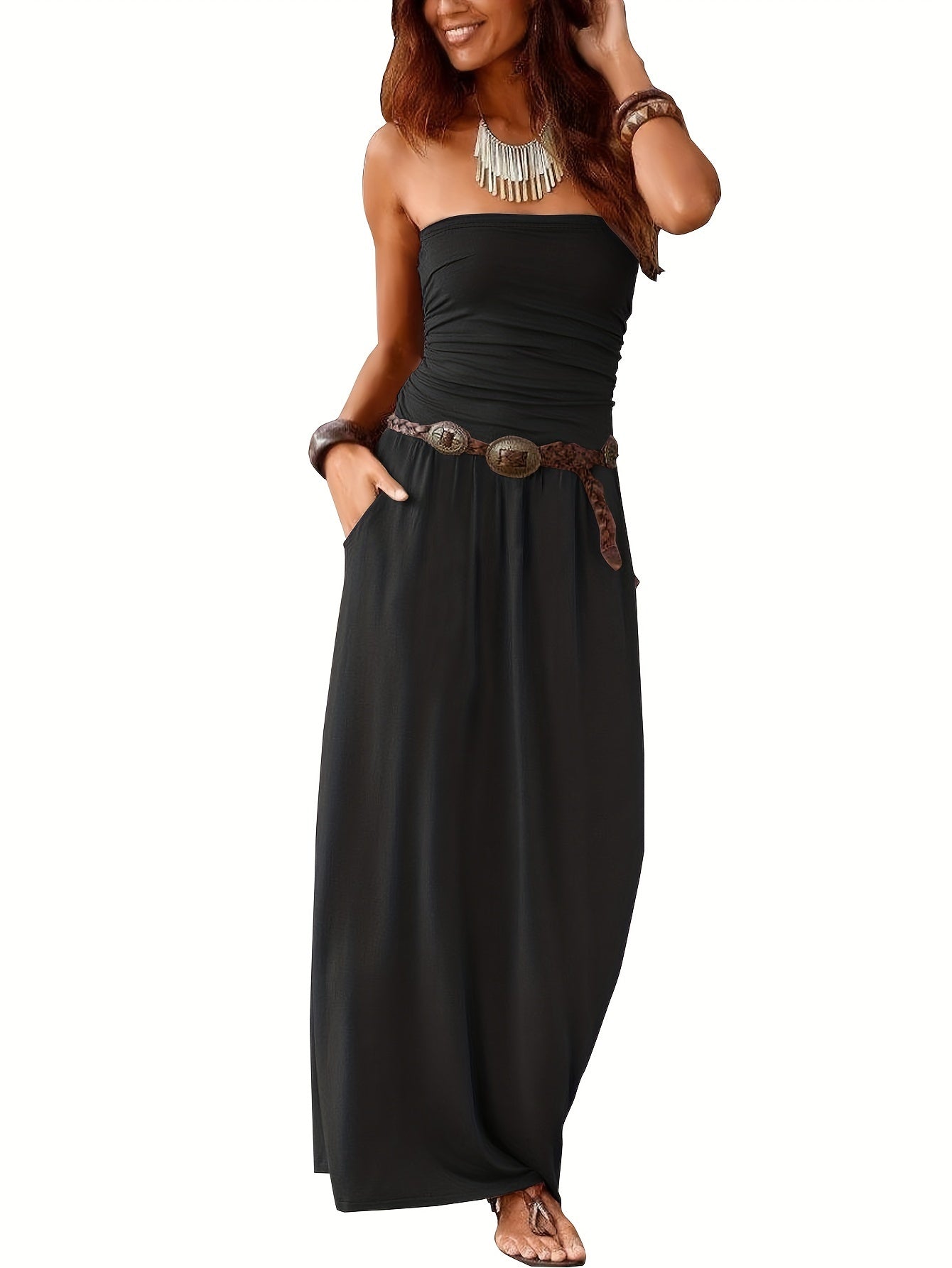 Sleeveless off-shoulder long dress with double pockets for women