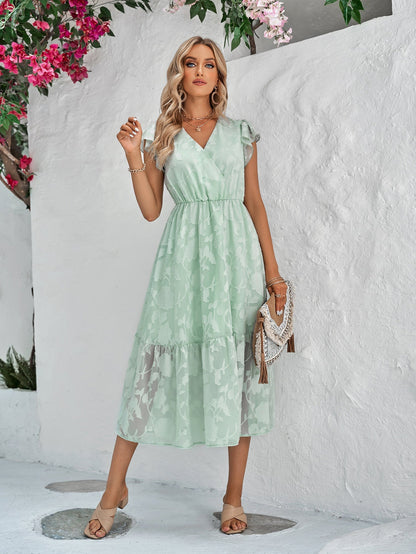 Women's Floral Dress - V-Neck - Short Ruffled Sleeves - Fitted Waist - Flowy Knee-Length
