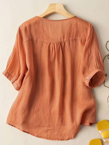Women's V-Neck Blouse - Embroidered Detail - Short Sleeve - Lightweight & Flowy