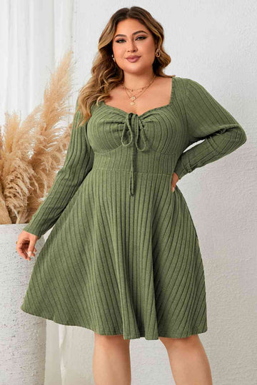 Women's Ribbed Knit Dress - Fit and Flare - Long Sleeve Square Neck Tie Front