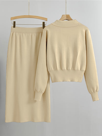 Two-piece collared button-up sweater and skirt set for women