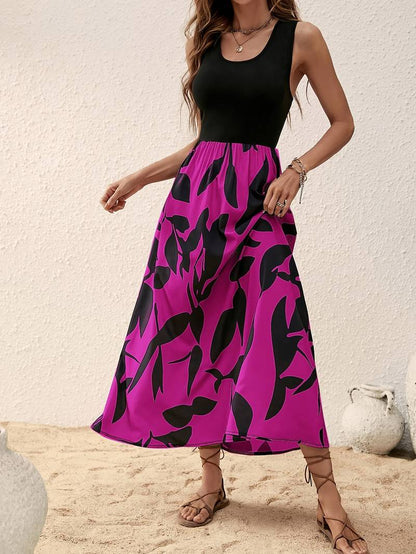Women's Sleeveless Maxi Dress - Fitted Top - Flowy Botanical Print Skirt - Lightweight
