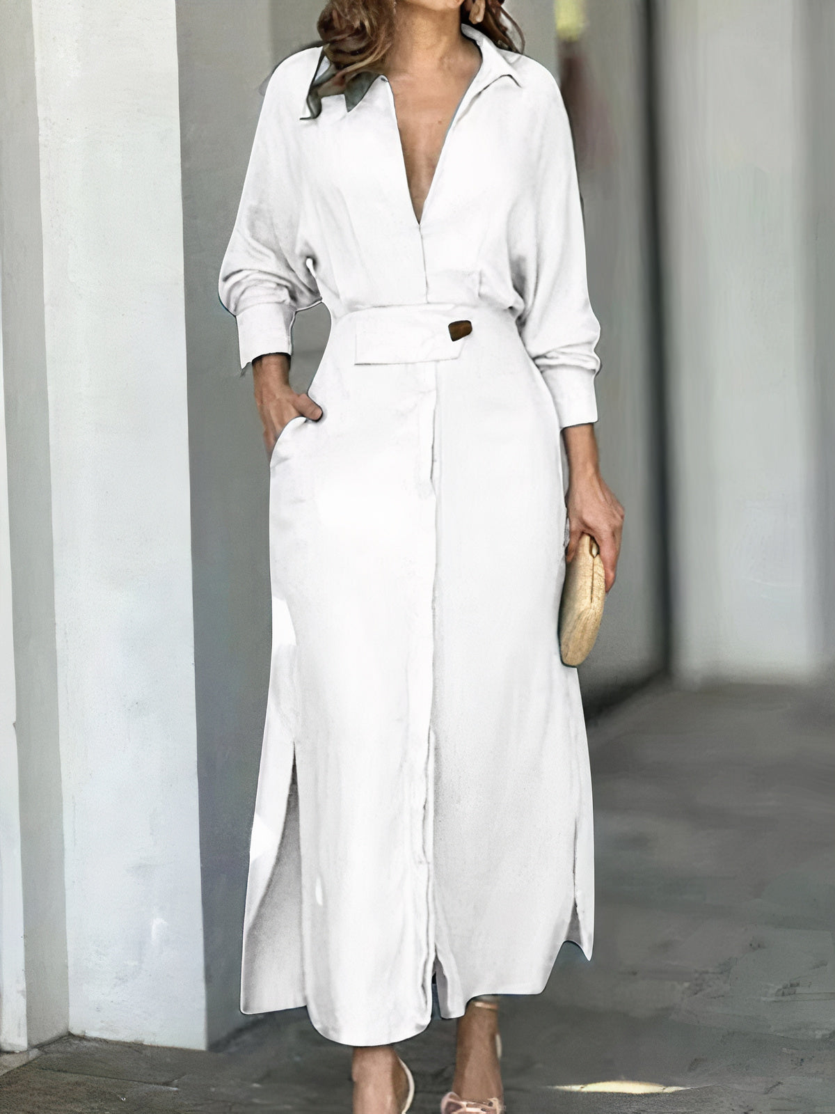 Women's Midi Dress - Belted Waist - Long Sleeve - Classic Collar - Elegant Fit