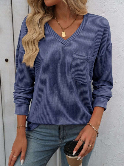 Women's V-Neck Sweater - Textured Knit - Long Sleeve - Relaxed Fit - Chest Pocket