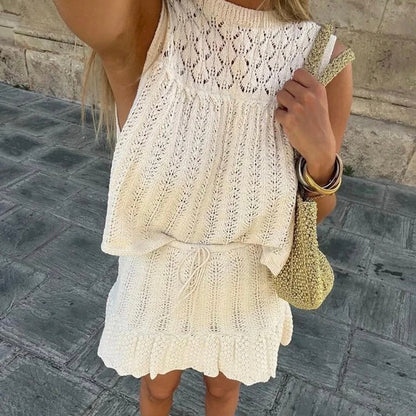 Women’s Sleeveless Knit Dress - Textured Open-Knit Top - Flared Skirt - Ruffled Hem