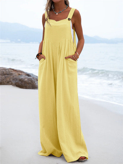 Women's Wide-Leg Jumpsuit - Breathable Fabric - Relaxed Fit - Button Straps & Pockets