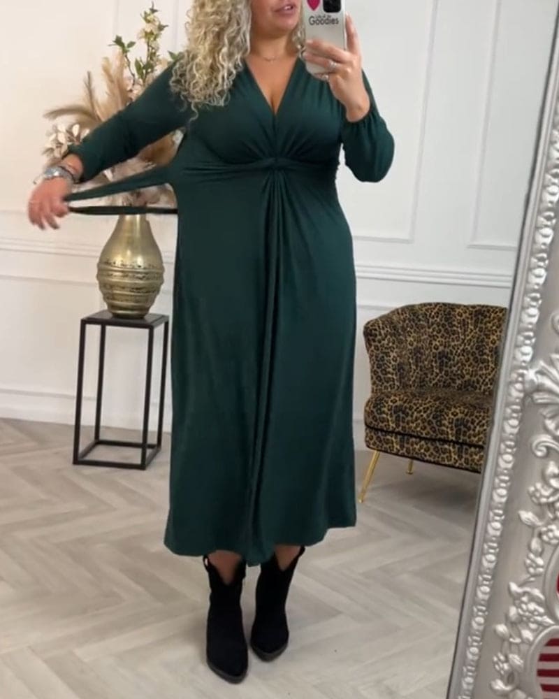 Women's Midi Dress - V-Neck Long Sleeve - Ruched Waist Elegant Flowy Fit