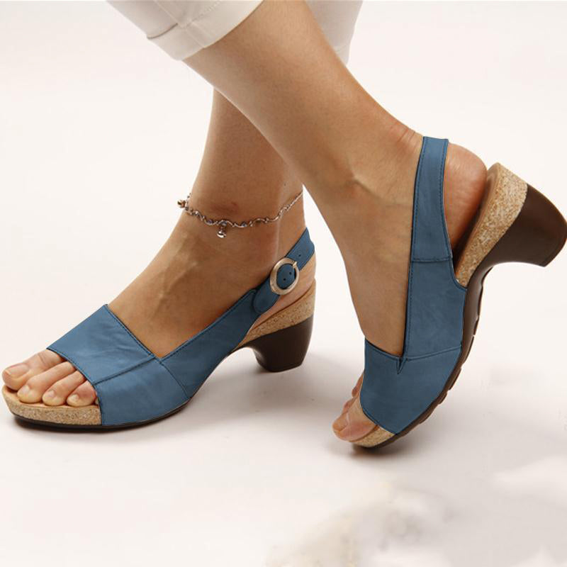 Women's Slingback Sandals - Open Toe Wedge Heel - Adjustable Buckle Strap
