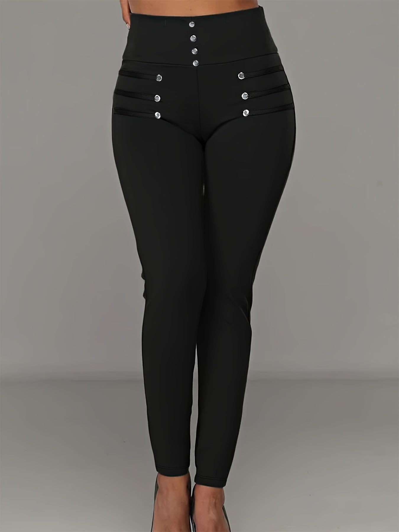 High-waist black button detail casual skinny pants for women